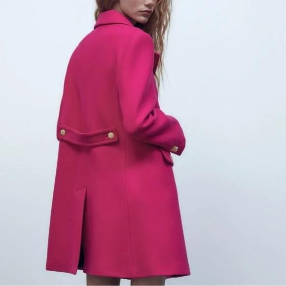 ZARA LIMITED EDITION FUCHSIA WOOL COAT GOLD BUTTONS - Picture 5 of 8